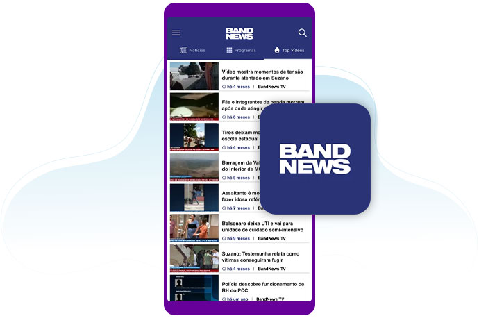 Printscreen da tela inicial do app Band News e ícone do app.