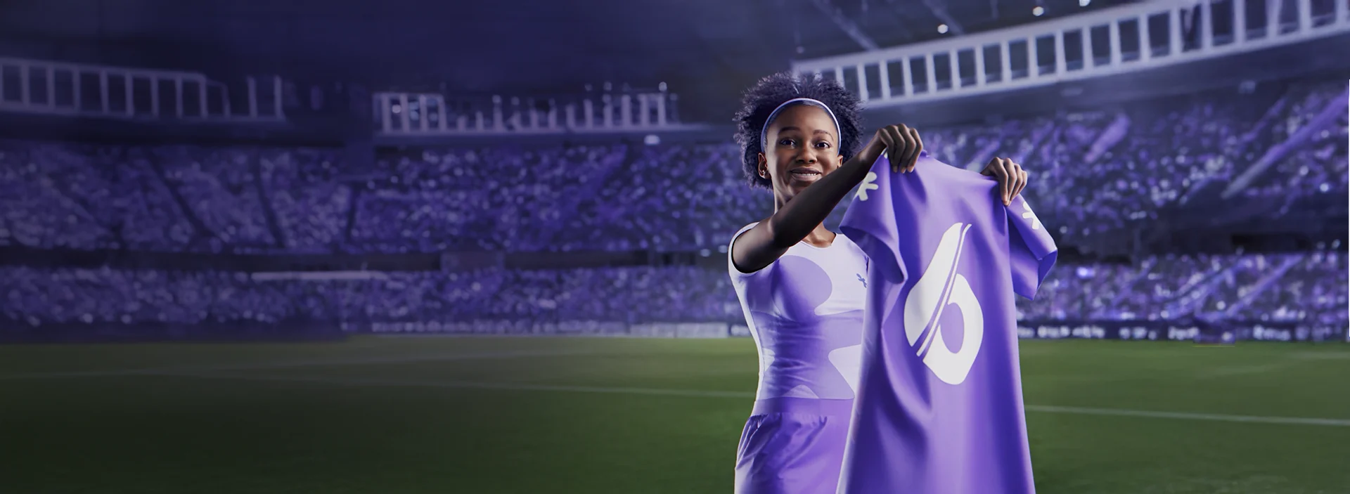 Ilustração de uma menina em um estádio de futebol segurando uma camiseta com logo Vivo.