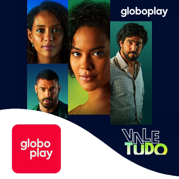 Poster da novela Vale Tudo e logo Globoplay no canto esquerdo.
